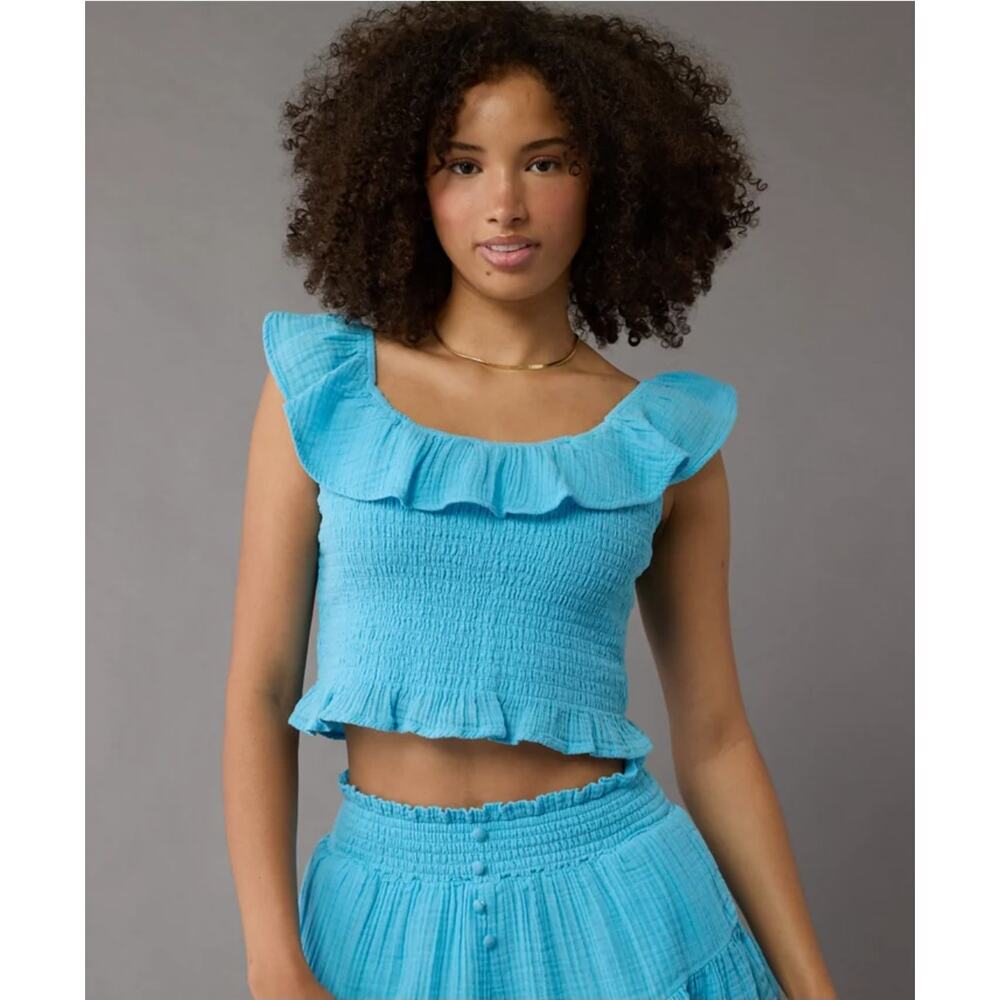 American Eagle AE Blue Smocked Ruffle Off The Shoulder Crop Top Medium